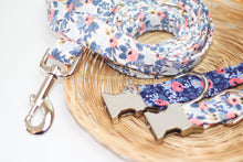 Load image into Gallery viewer, Rosa periwinkle leash and collar silver hardware. Rosa navy collar silver hardware
