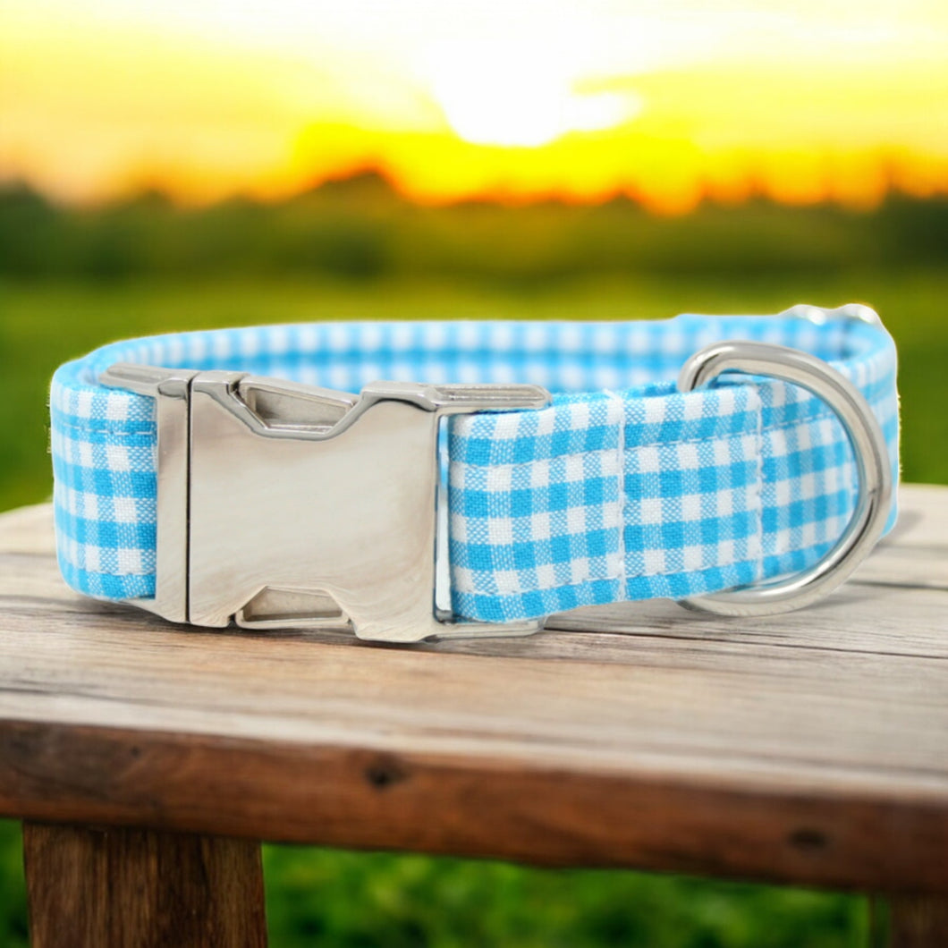 Carolina Blue Gingham Dog Collar