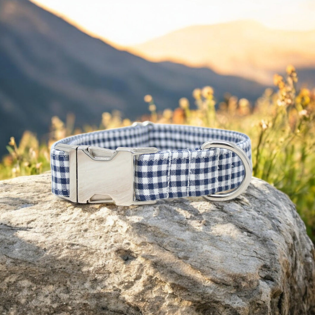 Navy Gingham Dog Collar