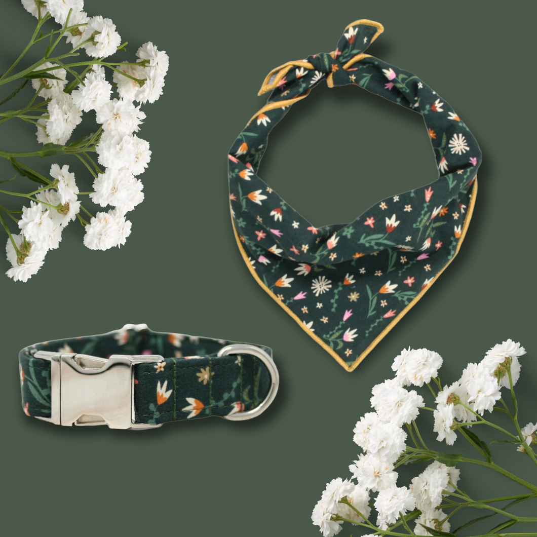 Green Flowers | Collar & Bandana Set