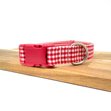 Load image into Gallery viewer, Red gingham dog collar with red buckle from The Oxford Dog. 
