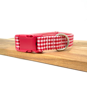 Red gingham dog collar with red buckle from The Oxford Dog. 