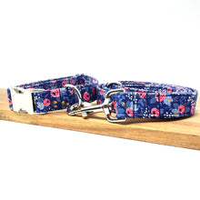 Load image into Gallery viewer, Rosa Navy Rifle Paper Co dog collar from The Oxford Dog with matching leash.
