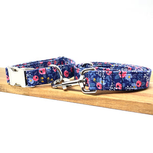 Rosa Navy Rifle Paper Co dog collar from The Oxford Dog with matching leash.