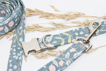 Load image into Gallery viewer, Teal meadows leash and collar silver hardware.
